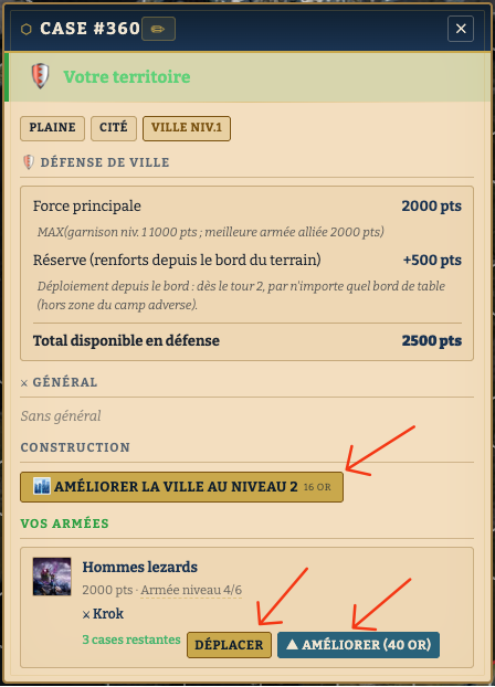 Panneau d'un territoire : bouton d'amélioration de la ville au niveau 2, et sous l'armée présente les boutons Déplacer et Améliorer.