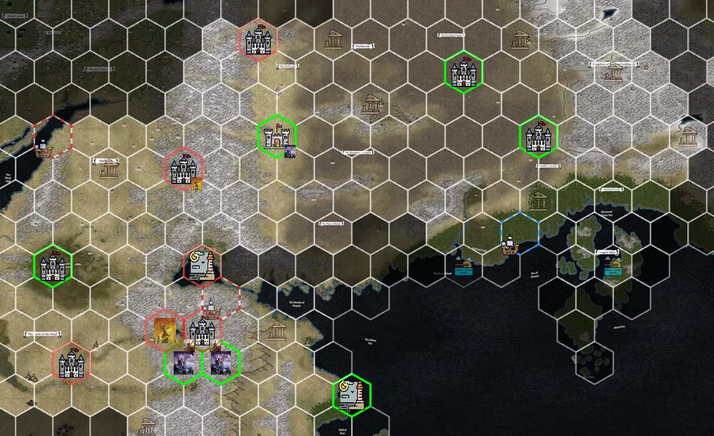 Vue de la carte hexagonale : territoires cerclés de vert et de rouge, villes, armées et un navire en mer.