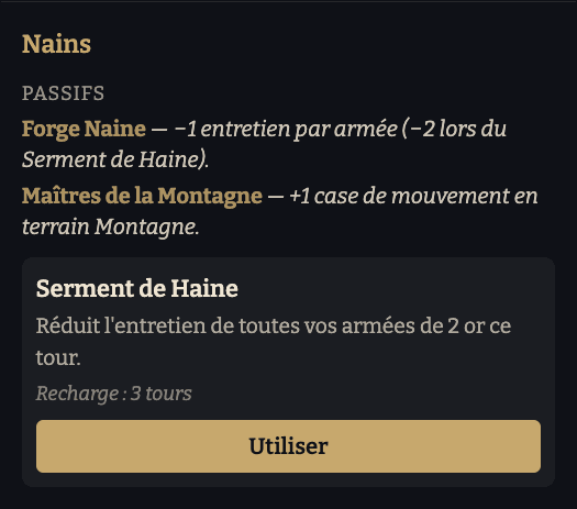 Panneau de faction des Nains : deux passifs, puis l'action Serment de Haine avec sa recharge de 3 tours et son bouton Utiliser.