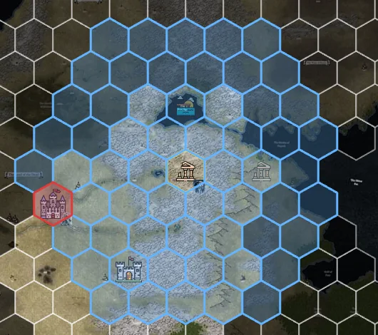 Carte en mode déplacement : les cases atteignables autour de l'armée sélectionnée sont surlignées en bleu.