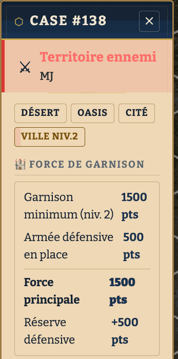 Panneau d'une ville ennemie de niveau 2 : garnison 1500 pts, armée défensive 500 pts, réserve +500 pts.