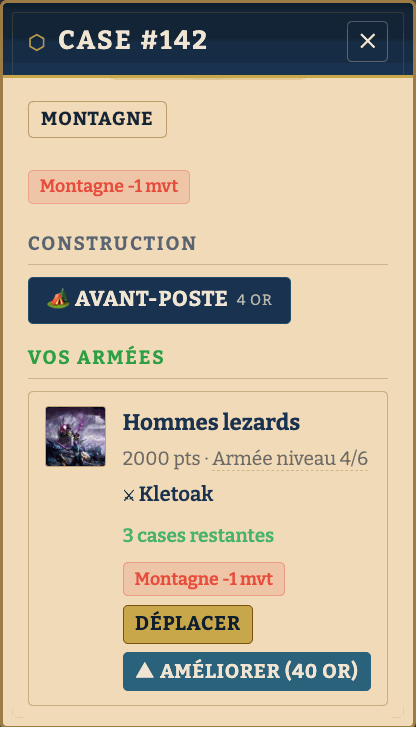 Panneau d'une case de Montagne pour une armée Hommes-Lézards, avec un badge rouge « Montagne −1 mvt ».