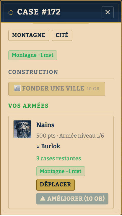 Panneau d'une case de Montagne pour une armée naine, avec un badge vert « Montagne +1 mvt ».